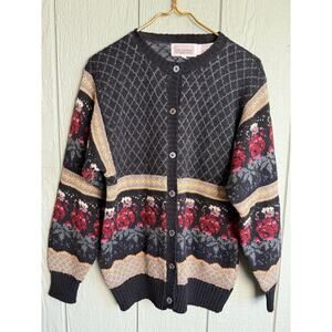 Vintage 90s Cottagecore Floral Argyle Button-Up Cardigan, Medium